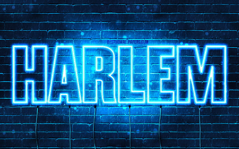 Harlem with names, horizontal text, Harlem name, Happy Birtay Harlem, blue neon lights, with Harlem name, HD wallpaper