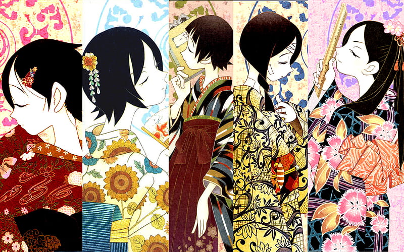 Sayonara Zetsubou Sensei, chiri kitsu, abiru kobushi, sayonara zetsubo sensei, kafuka fuura, flowers, matoi tsunetsuki, sun flowers, kimono, HD wallpaper