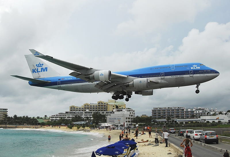 St Maarten Landing, boeing 747, st maarten, caribbean, klm, HD wallpaper