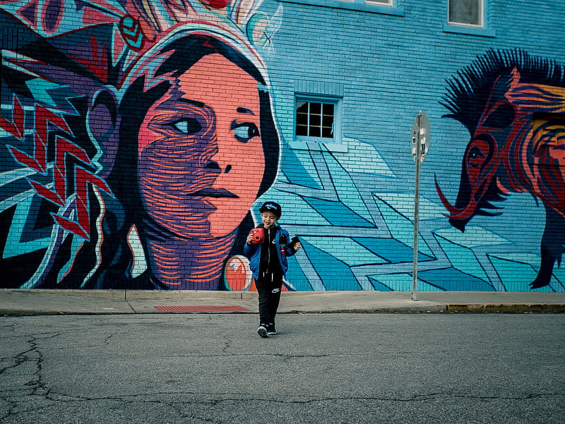 boy standing near vandalism art during daytime, HD wallpaper