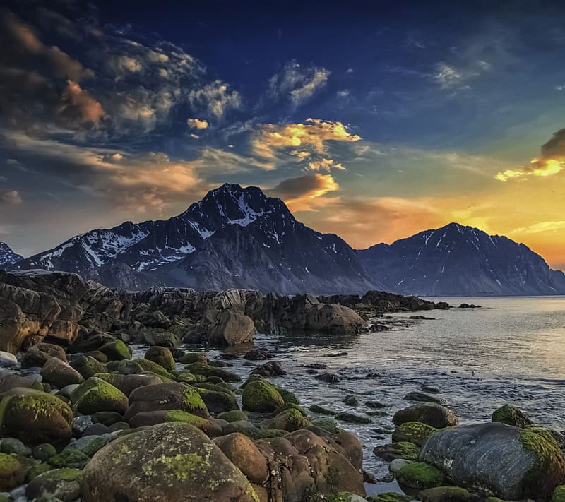 Sky, Sea, Mountain, , Arctic, Norway, Spring, Lofoten Islands, Scandinavia, Seashore, Boulder, HD wallpaper