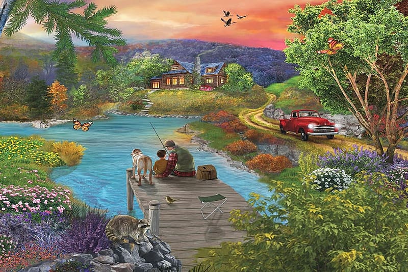 Lakeside View From The Dock, dog, artwork, painting, car, trees, flowers, people, sunset, HD wallpaper