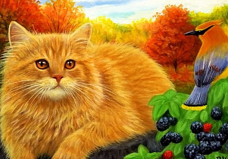 Cat in Autumn, bird, painting, colors, blackberries, trees, artwork, HD wallpaper