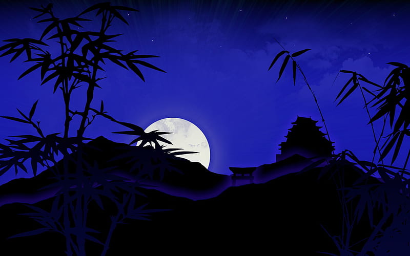 Bamboo Moonrise, mountain, moon, dark, black, asian, bamboo, blue, night, HD wallpaper