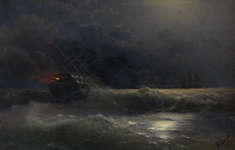 Burning ship, night, ivan aivazovsky, fire, water, ship, black, sea, HD wallpaper