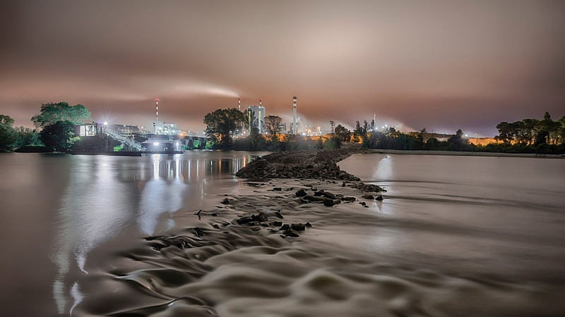 flowing river by a power plant on a misty eve, rocks, flowing, plant, river, evening, mist, HD wallpaper