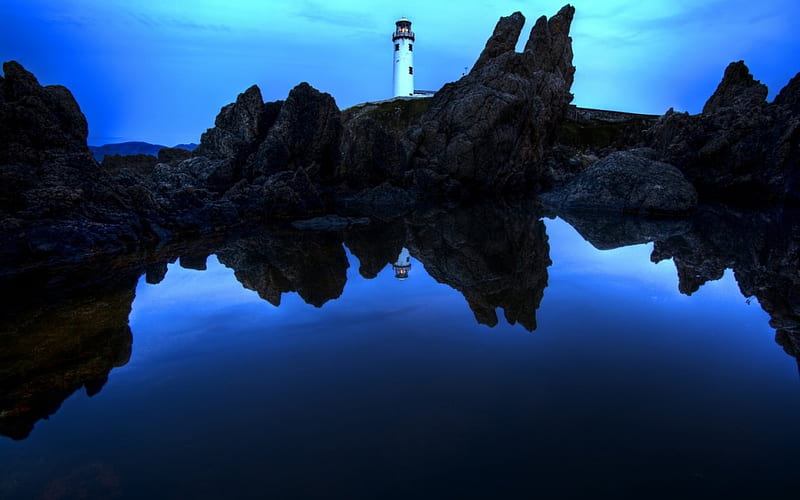 Lighthouse, rock, Fanad Head Lighthouse County, Ireland, black, sea, Donegal, water, stone, blue, HD wallpaper