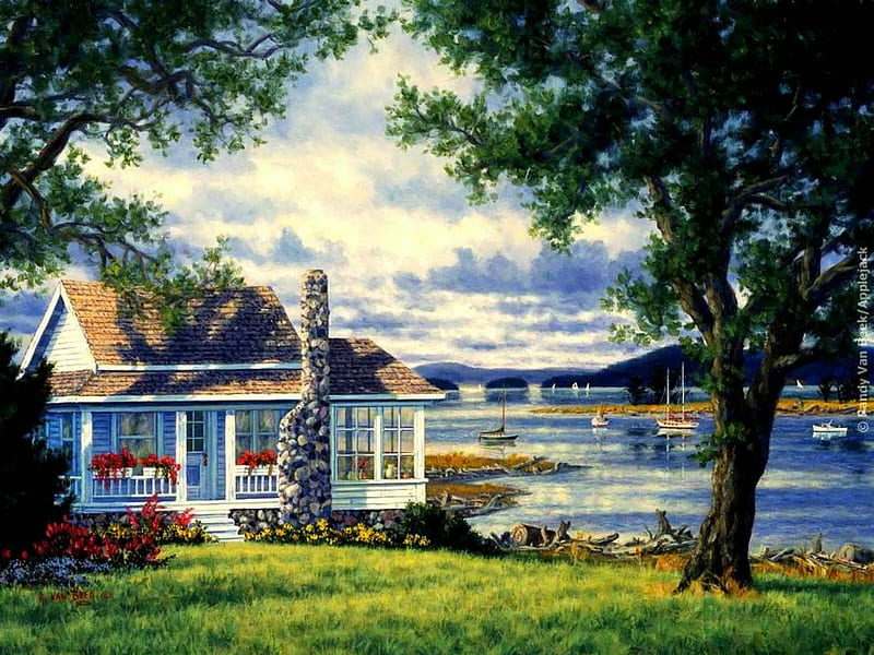 Cozy Cottage, house, grass, cottage, trees, clouds, lake, boats, water, mountains, window boxes, flowers, lawn, HD wallpaper