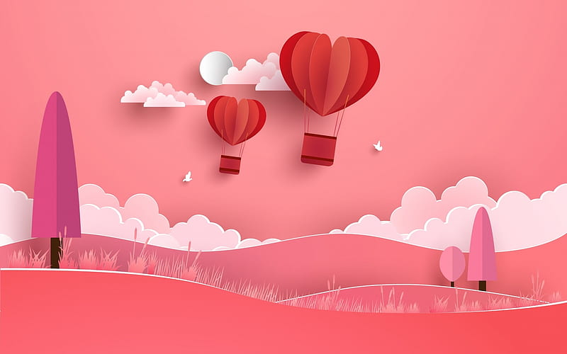 Happy Valentine's Day!, red, valentine, air balloon, card, tree, heart, texture, paper, pink, HD wallpaper