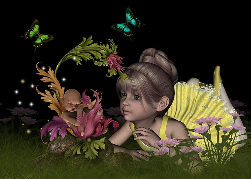 ✼Blooming in Love✼, pretty, grass, bonito, digital art, young girl, leaves, fantasy, butterfly, flowers, blooms, animals, wings, lovely, colors, butterflies, spring, baby, cute, cool, plants, 3D art, HD wallpaper