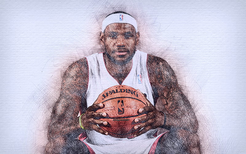 LeBron James, close-up, artwork, USA Natinal Team, basketball stars, drawing LeBron James, basketball, HD wallpaper