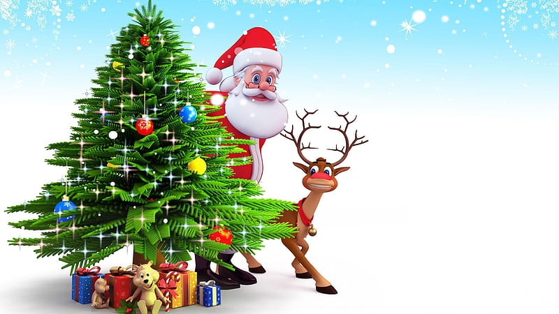 Santa Claus Is Standing Near Christmas Tree With Deer Santa Claus, HD wallpaper