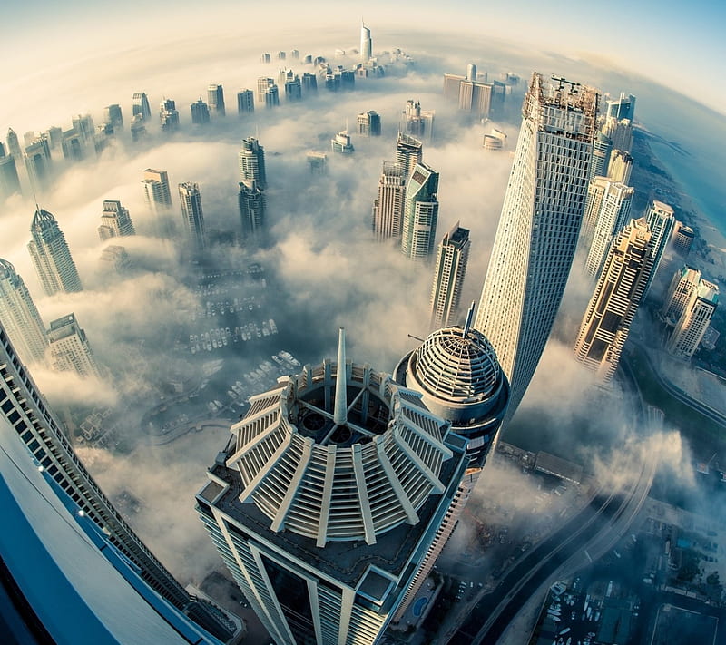 Dubai, buildings, city above, fog, HD wallpaper