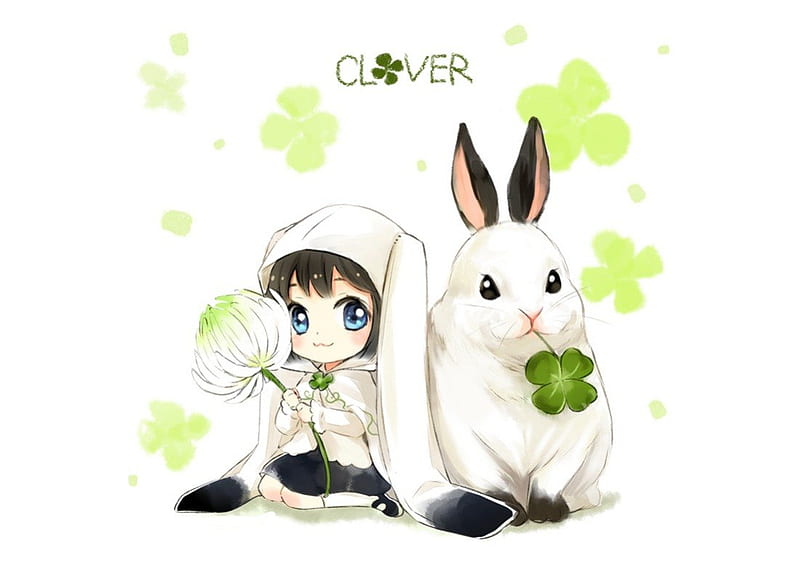 Clover, pretty, adorable, animal, sweet, nice, green, anime, anime girl, rabbit, female, lovely, ears, chibi, plain, cute, kawaii, girl, simple, bunny, white, HD wallpaper