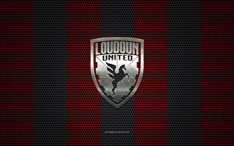 Loudoun United FC logo, American soccer club, metal emblem, red-black metal mesh background, Loudoun United FC, USL, Leesburg, Virginia, USA, soccer, HD wallpaper