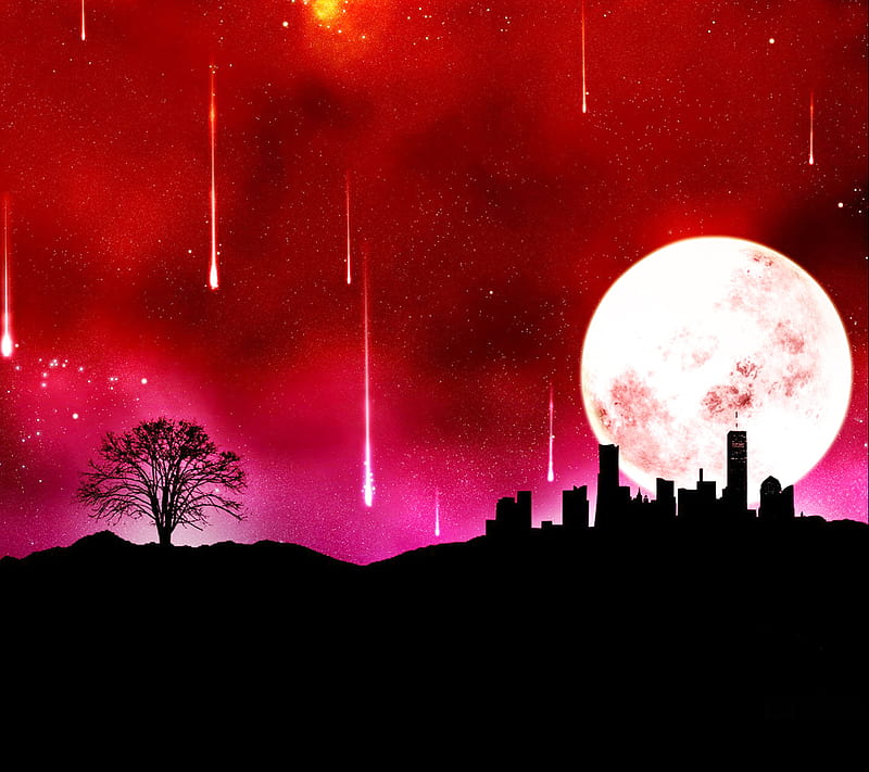 Moon And Stars, city view shooting star, tree, HD wallpaper