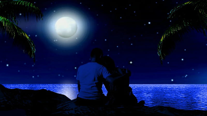 ~*~ Romantic Night ~*~, romantic couple, romantic night, full moon, love, love couple, HD wallpaper