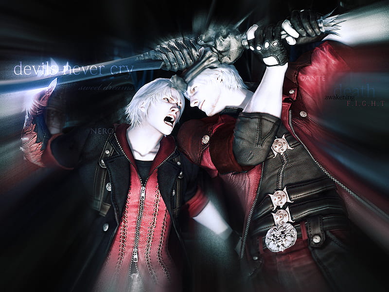 devil may cry 4, dante, male, white hair, nero, devil may cry, coat, duo, demonic, fight, sword, rivals, HD wallpaper