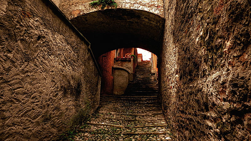 stone steps up a dark alleyway, city, stones, alley, steps, HD wallpaper