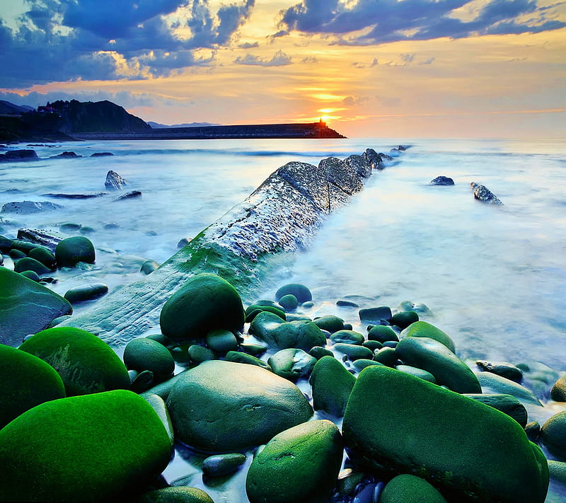 Rocky Coast, beach, exposure, landscape, nature, sea, sky, sunrise, HD wallpaper