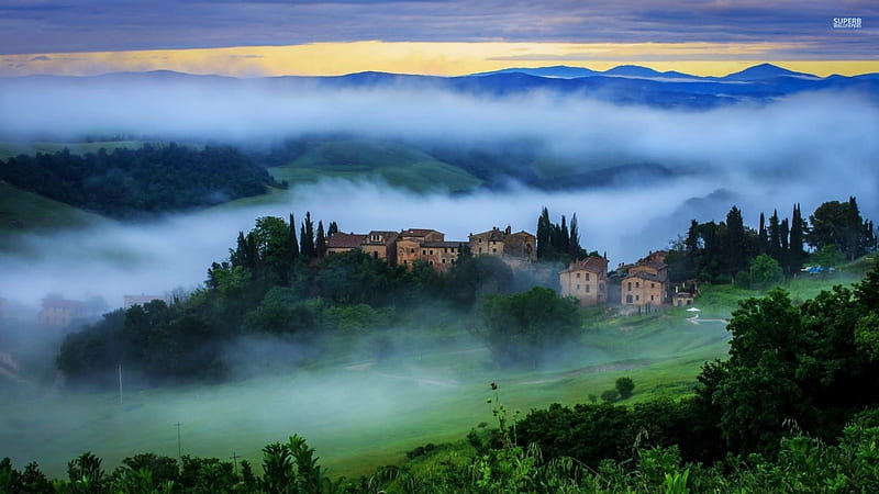 Tuscany, green, mountains, houses, fields, mist, HD wallpaper