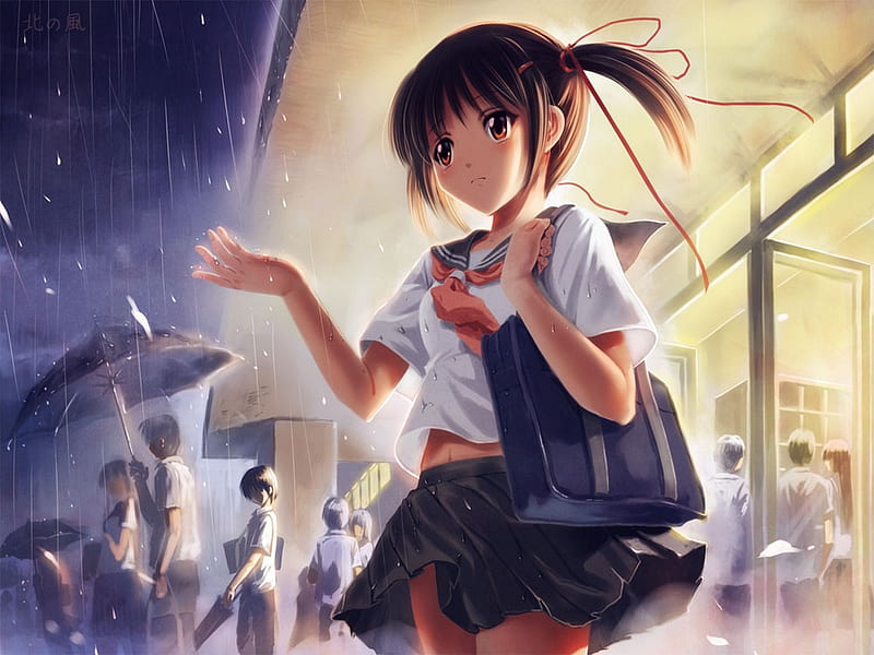 girl students rain umbrella-Art, HD wallpaper