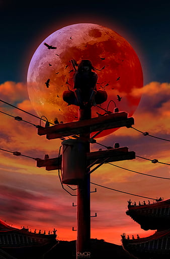akatsuki, uchiha itachi, red moon, shadow, ravens, Anime, HD phone wallpaper