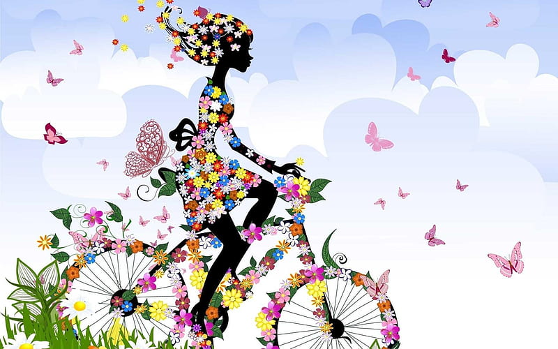 Summer morning, black, butterfly, girl, texture, summer, flower, bike, pink, vector, HD wallpaper