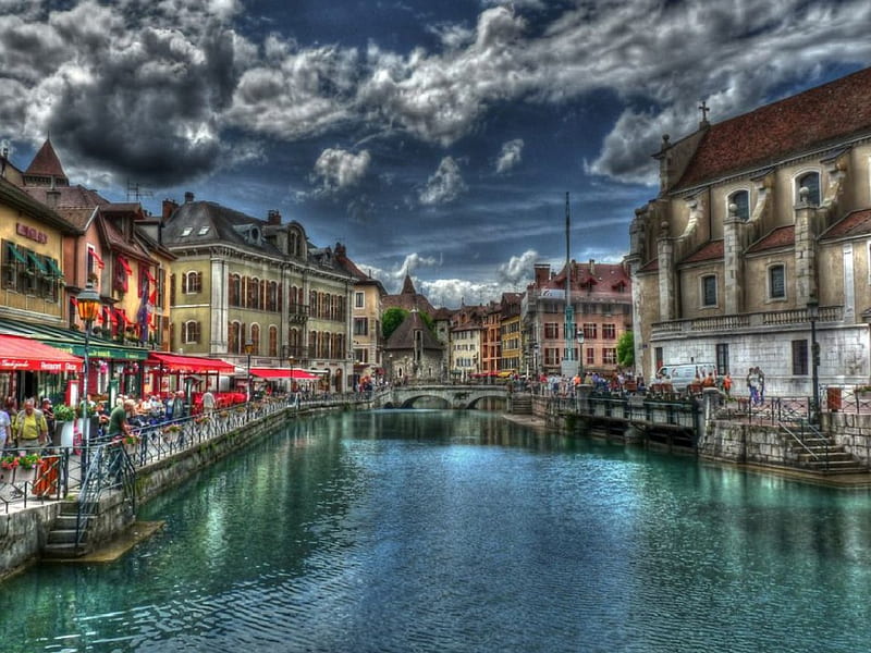 annecy, river, houses, HD wallpaper
