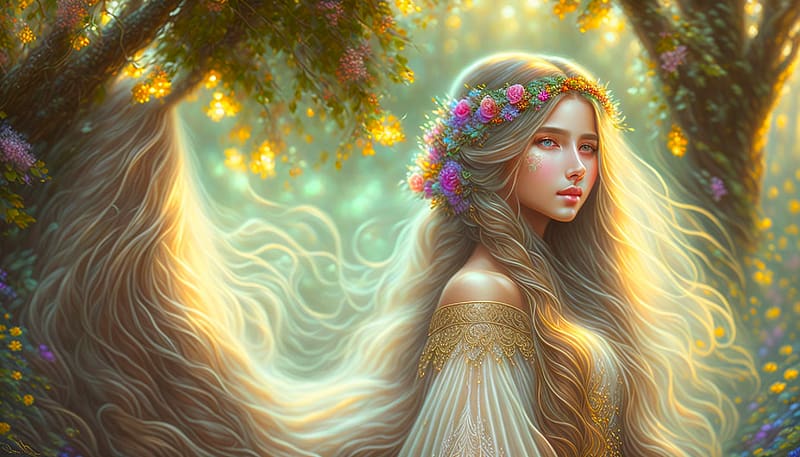 Elven Princess, art, very long hair, , girl, beautiful, elf, woman, fairy, digital, lamamake, fantasy, flower crown, forest, ai, HD wallpaper