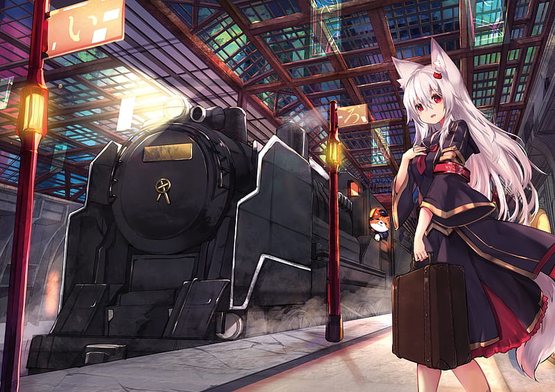 anime fox girl, animal ears, train station, red eyes, white hair, Anime, HD wallpaper