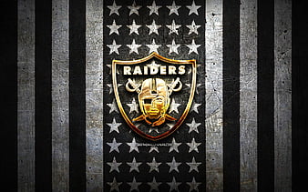 Oakland Raiders flag, NFL, black white metal background, american football team, Oakland Raiders logo, USA, american football, golden logo, Oakland Raiders, HD wallpaper
