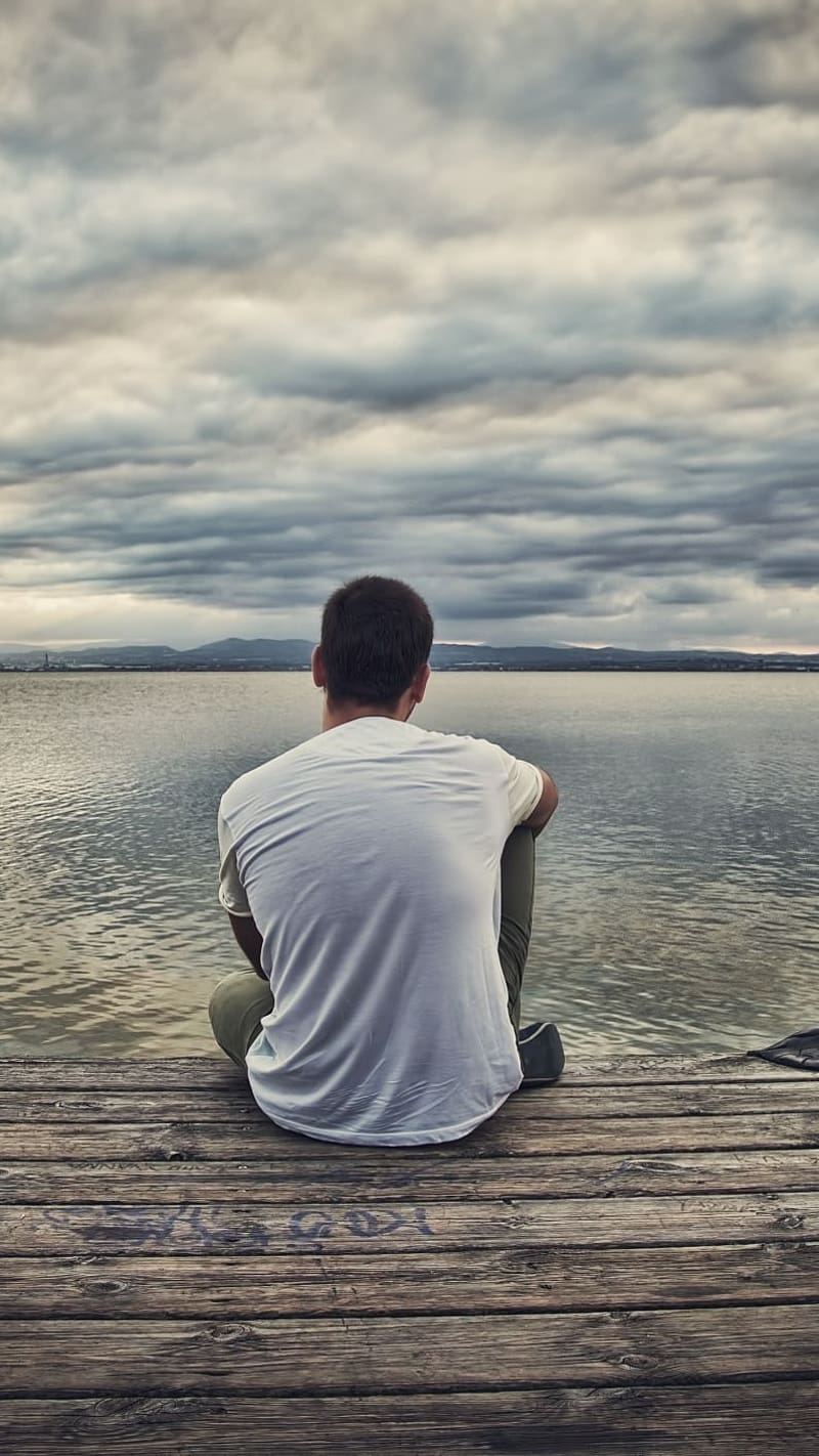 Sad Alone Boy Sitting On The Bank Of Lake, sad alone, lake, boy, HD phone wallpaper