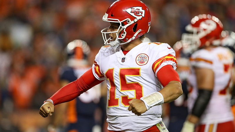 patrick mahomes is facing one side wearing red helmet and white sports dress in blur background sports-, HD wallpaper