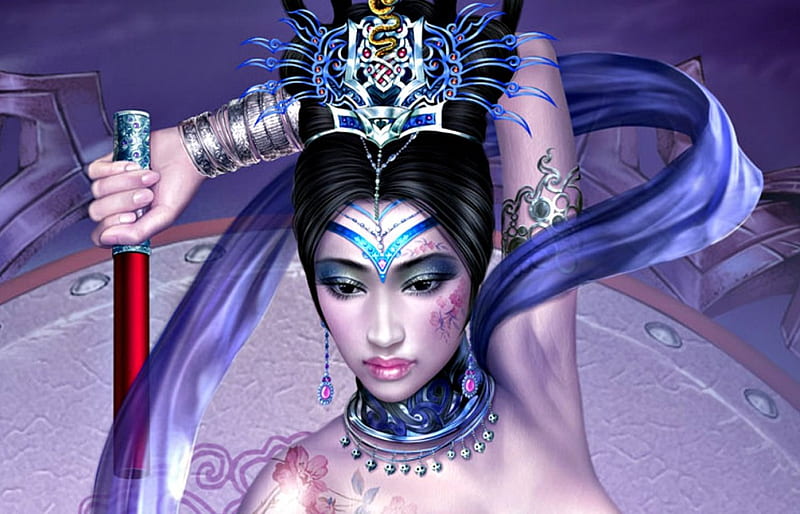 Witch, art, tattoo, tang yuehui, woman, fantasy, girl, purple, oriental,  digital, HD wallpaper | Peakpx