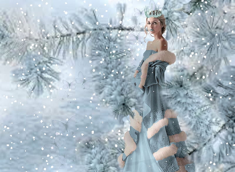 Ice Queen 2 High Fashion, artistic, pretty, stunning, bold, queen, breathtaking, bonito, woman, butterfly design, women, fantasy, cown, feminine, gorgeous, blue, daring, female, lovely, butterflies, creative, winter, ice queen, snow butterflies, girl, snow, fantasy ice queen, ice, butterfly art, white, HD wallpaper