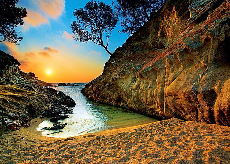 Sunset at Costa Brava Spain, sand, water, colors, cliff, trees, sky, HD wallpaper