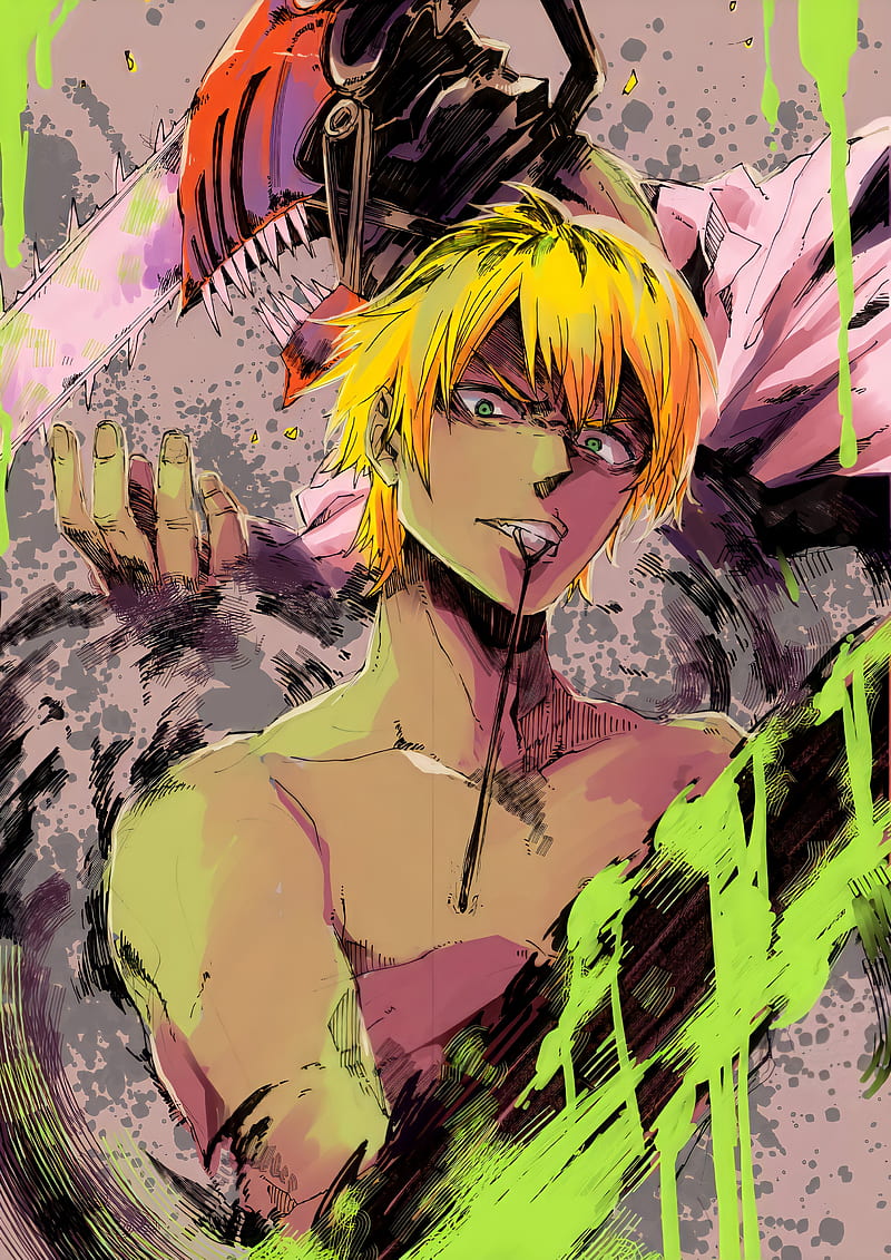 tongues, Chainsaw Man, Denji (Chainsaw Man), colorful, chainsaws, blood,  anime boys