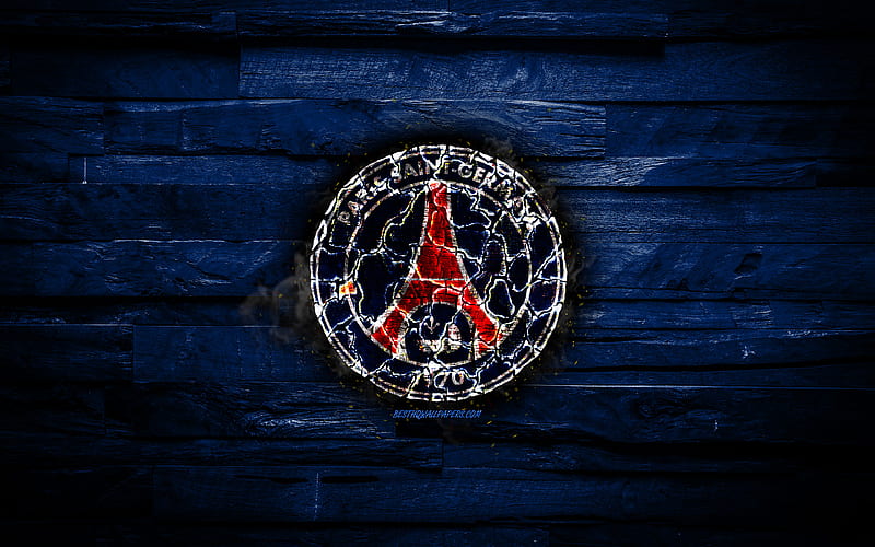 PSG, fiery logo, Ligue 1, blue wooden background, french football club ...