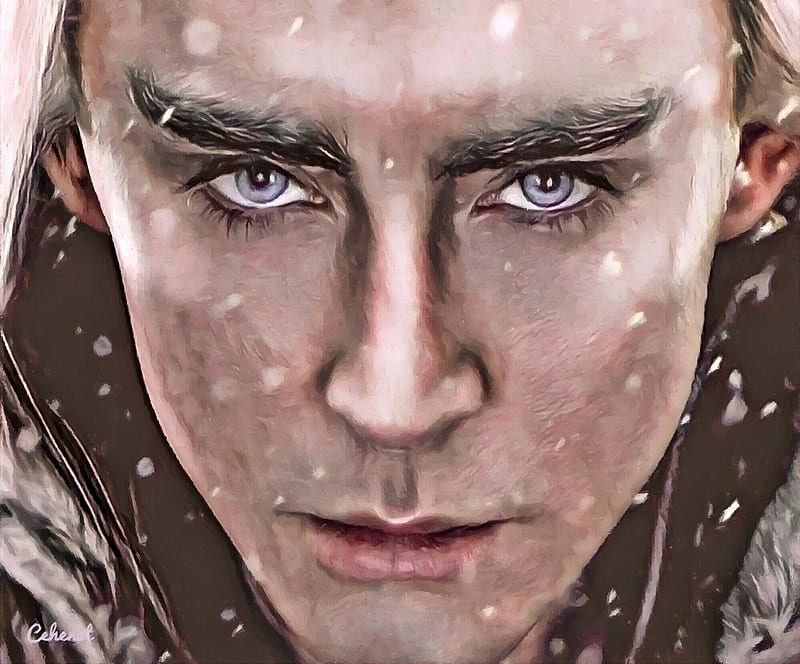 Thranduil, art, king, elf, by cehenot, Lee Pace, cehenot, painting, face, eyes, portrait, pink, actor, HD wallpaper