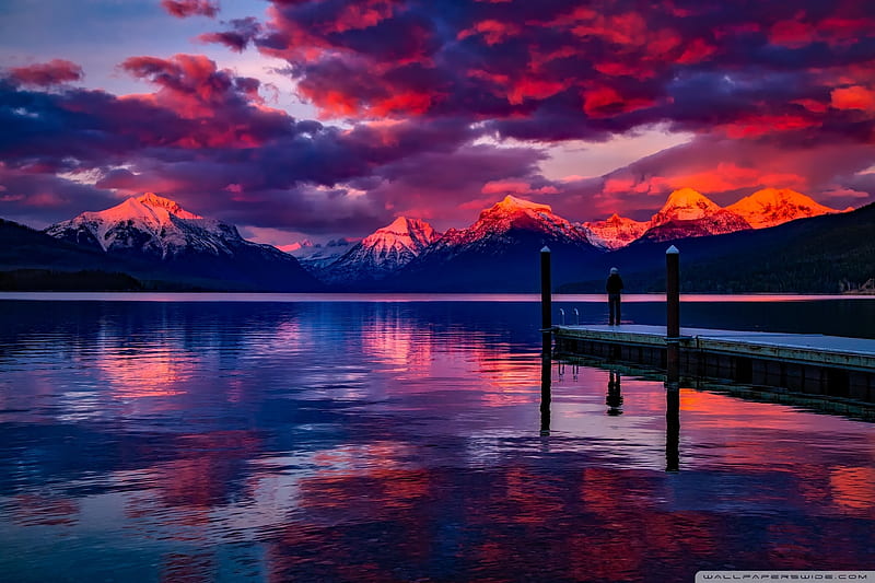 Lake MacDonald, nature, reflection, clouds, sky, lake, mcdonald, HD wallpaper