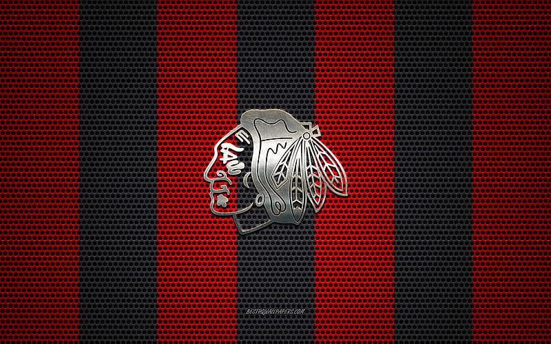 Chicago Blackhawks logo, American hockey club, metal emblem, red-black metal mesh background, Chicago Blackhawks, NHL, Chicago, Illinois, USA, hockey, HD wallpaper