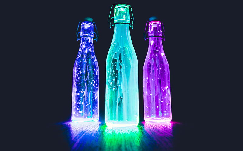 colorful bottles neon lights, darkness, bottles, HD wallpaper