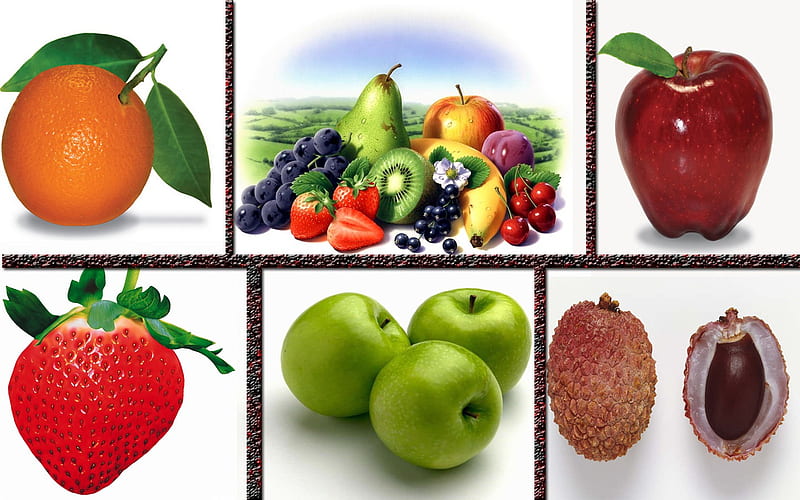 fruits, apple, strawberry, orange, durian, HD wallpaper