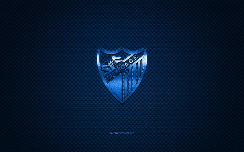 Malaga CF, Spanish football club, La Liga 2, blue logo, blue carbon fiber background, football, Malaga, Spain, Malaga CF logo, HD wallpaper