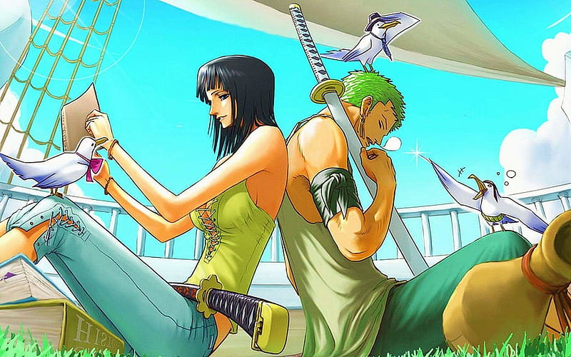 Zoro and Robin, one, piece, roronoa, zoro, nico, robin, kawaii, HD wallpaper