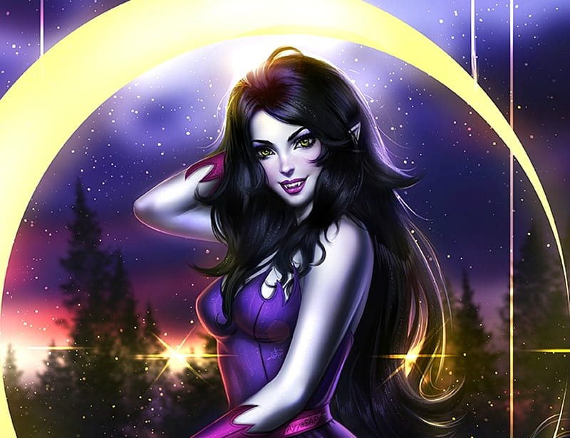 Marceline, art, moon, luminos, fantasy, moon, girl, ayyasap, purple, vampire, HD wallpaper