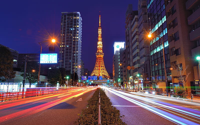 japan, tokyo tower, time-lapse, road, night, buildings, urban, City, HD wallpaper