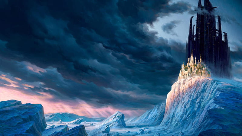 Castle on Hill, fantasy, snow, dark, black, ice, castle, sky, night, HD wallpaper