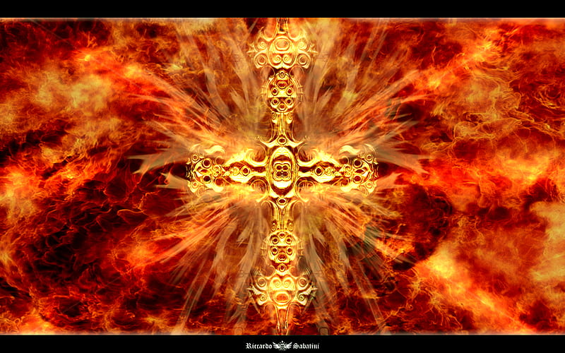 Cross In Hell, richard sabatini design, flames, hell landscape, hop, cross, evil design, HD wallpaper